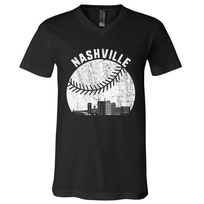 Nashville Skyline Baseball Fan Vintage Nashville Baseball V-Neck T-Shirt