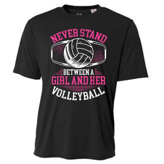 Never Stand Between A And Her Volleyball Cooling Performance Crew T-Shirt