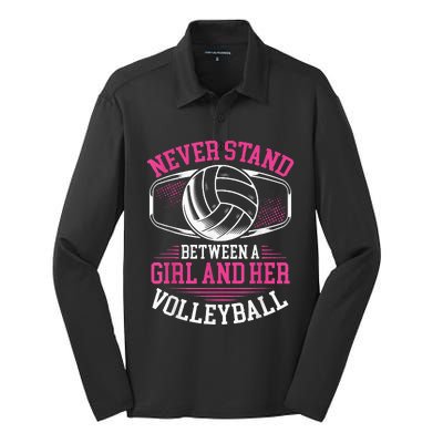 Never Stand Between A And Her Volleyball Silk Touch Performance Long Sleeve Polo