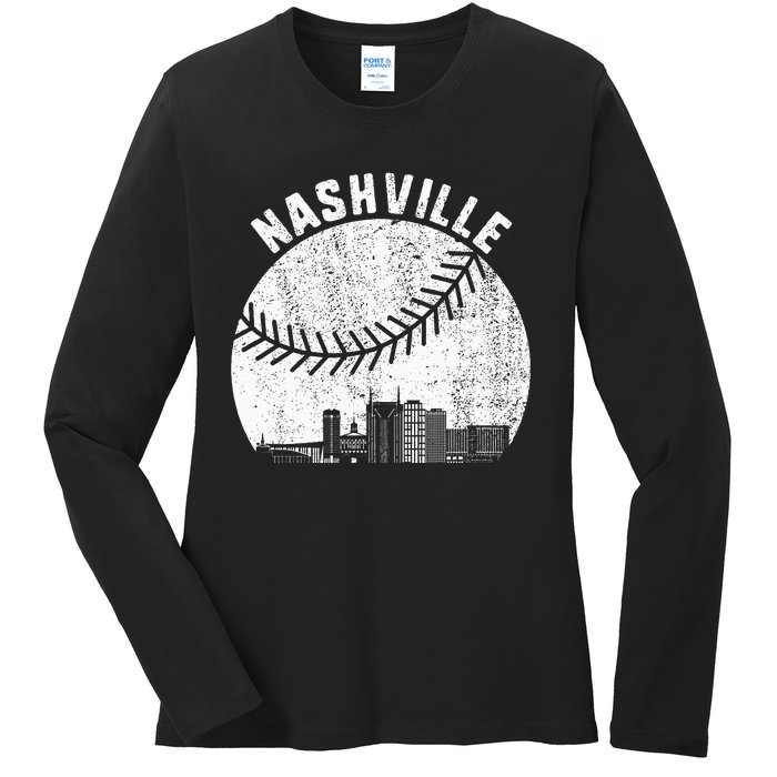 Nashville Skyline Baseball Fan Vintage Nashville Baseball Ladies Long Sleeve Shirt