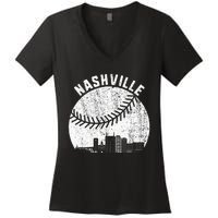 Nashville Skyline Baseball Fan Vintage Nashville Baseball Women's V-Neck T-Shirt