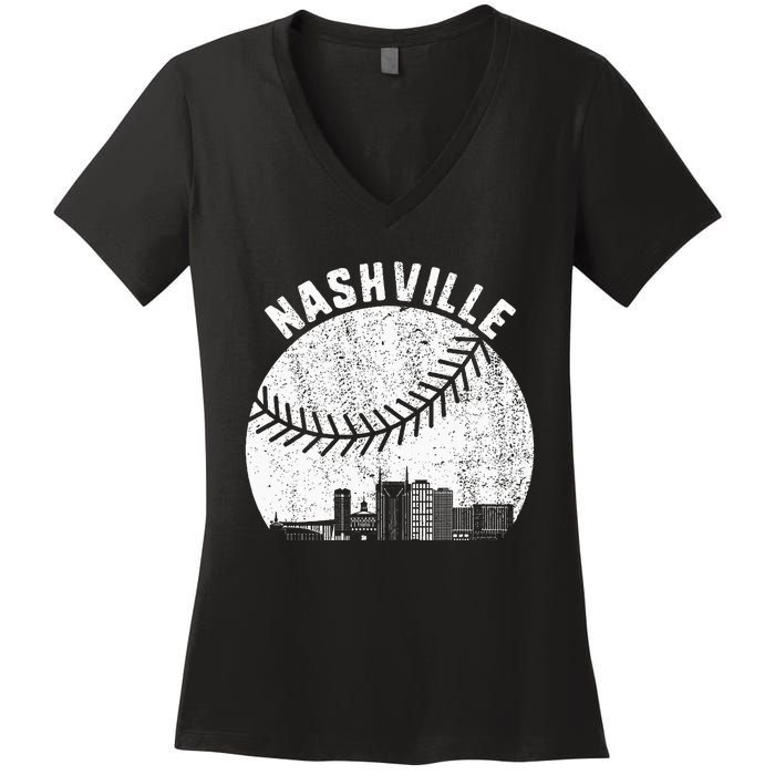 Nashville Skyline Baseball Fan Vintage Nashville Baseball Women's V-Neck T-Shirt