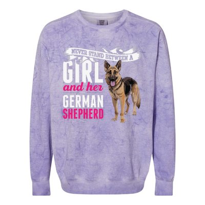 Never Stand Between A And Her German Shepherd Dog Colorblast Crewneck Sweatshirt