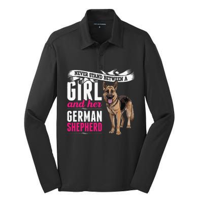 Never Stand Between A And Her German Shepherd Dog Silk Touch Performance Long Sleeve Polo