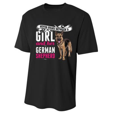 Never Stand Between A And Her German Shepherd Dog Performance Sprint T-Shirt