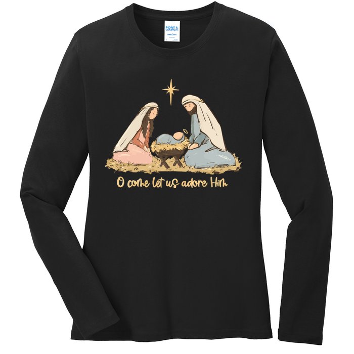 Nativity Scene Christian Christmas Ladies Long Sleeve Shirt