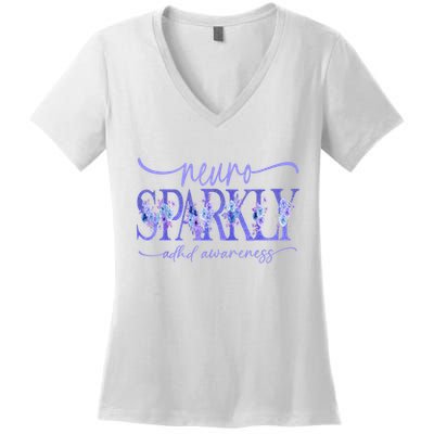 Neuro Sparkly Celebrate Neurodiversity ADHD ASD Floral Purpl Women's V-Neck T-Shirt