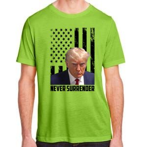 Never Surrender Donald Trump American Flag Mugshot Adult ChromaSoft Performance T-Shirt