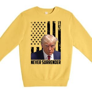 Never Surrender Donald Trump American Flag Mugshot Premium Crewneck Sweatshirt