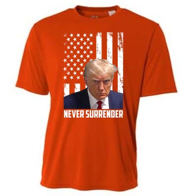 Never Surrender Donald Trump American Flag Mugshot Cooling Performance Crew T-Shirt