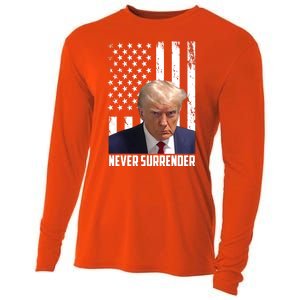 Never Surrender Donald Trump American Flag Mugshot Cooling Performance Long Sleeve Crew