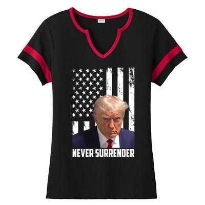 Never Surrender Donald Trump American Flag Mugshot Ladies Halftime Notch Neck Tee