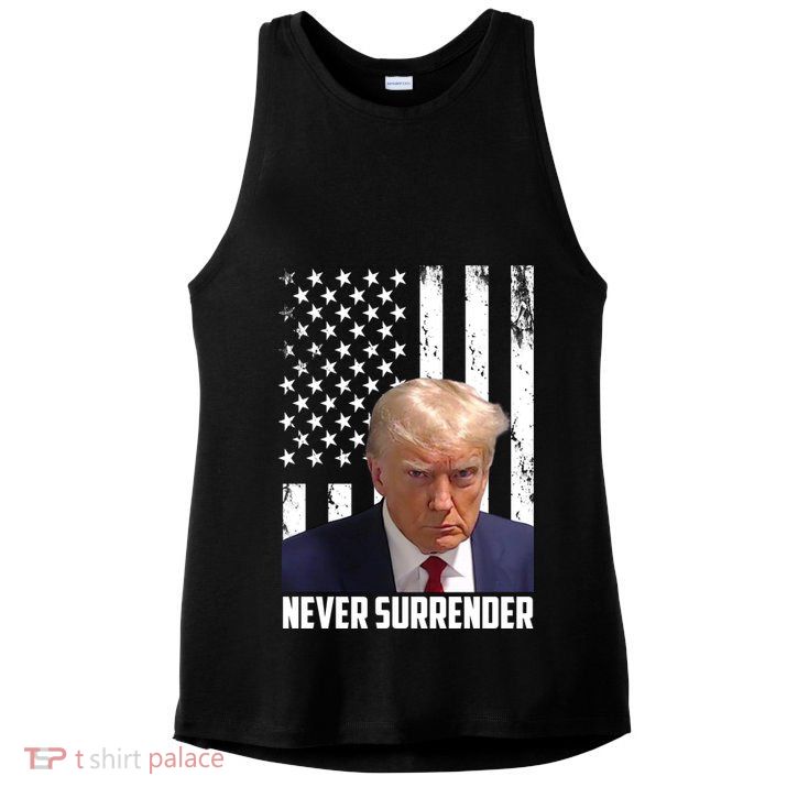 Never Surrender Donald Trump American Flag Mugshot Ladies PosiCharge Tri-Blend Wicking Tank