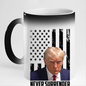 Never Surrender Donald Trump American Flag Mugshot 11oz Black Color Changing Mug