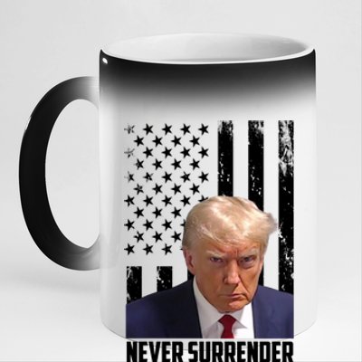 Never Surrender Donald Trump American Flag Mugshot 11oz Black Color Changing Mug