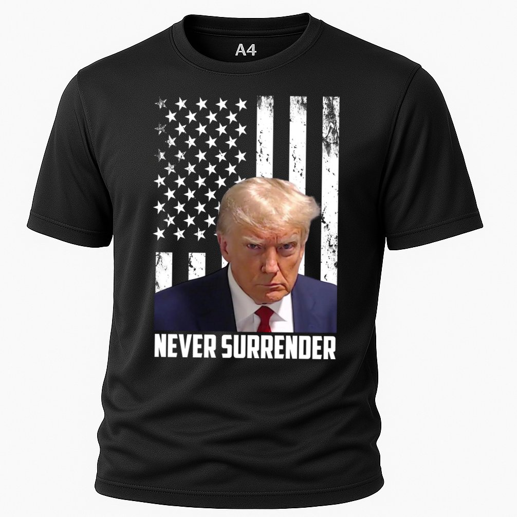 Never Surrender Donald Trump American Flag Mugshot Cooling Performance Crew T-Shirt