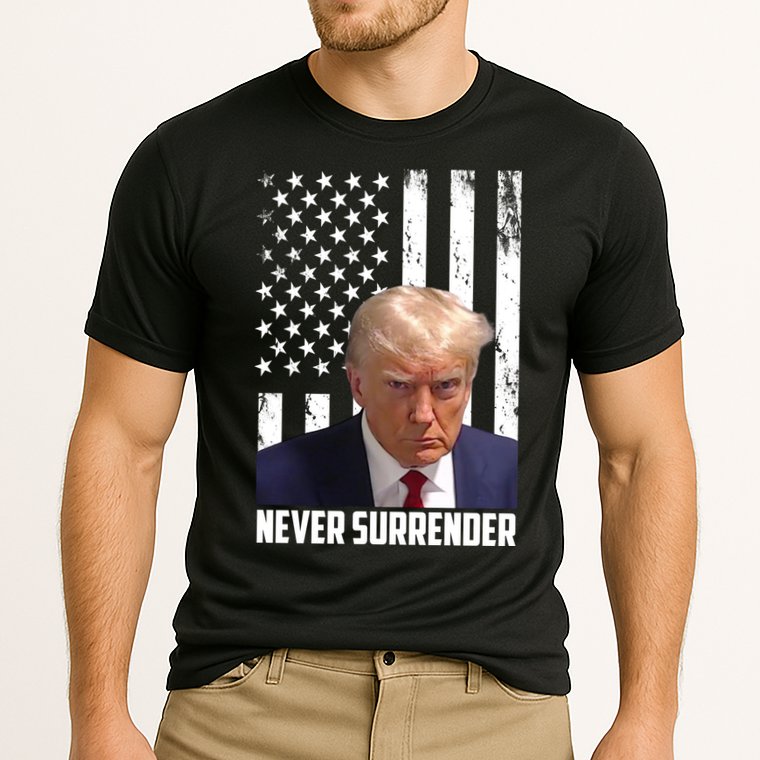 Never Surrender Donald Trump American Flag Mugshot Cooling Performance Crew T-Shirt
