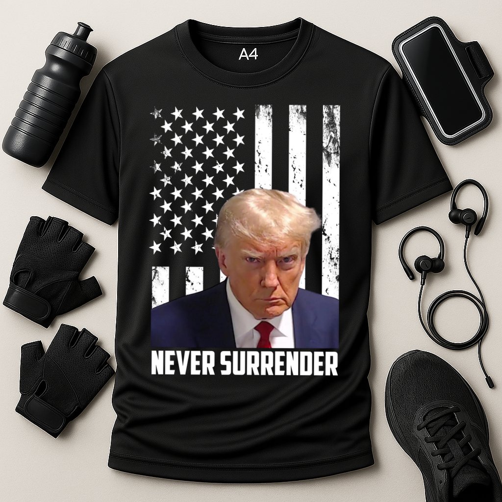 Never Surrender Donald Trump American Flag Mugshot Cooling Performance Crew T-Shirt