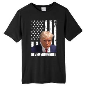 Never Surrender Donald Trump American Flag Mugshot Tall Fusion ChromaSoft Performance T-Shirt