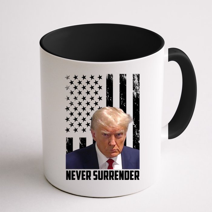 Never Surrender Donald Trump American Flag Mugshot Mug