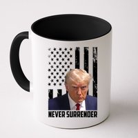 Never Surrender Donald Trump American Flag Mugshot Mug