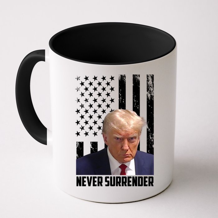 Never Surrender Donald Trump American Flag Mugshot Mug