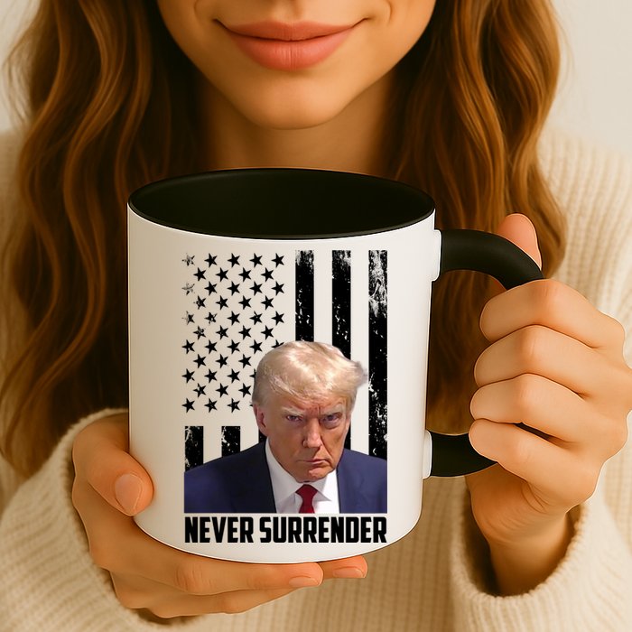 Never Surrender Donald Trump American Flag Mugshot Mug