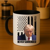 Never Surrender Donald Trump American Flag Mugshot Mug