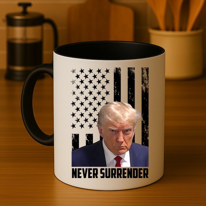Never Surrender Donald Trump American Flag Mugshot Mug
