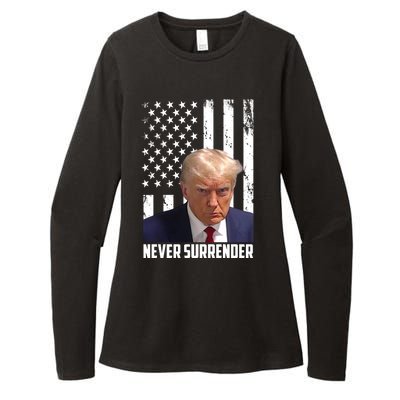 Never Surrender Donald Trump American Flag Mugshot Womens CVC Long Sleeve Shirt