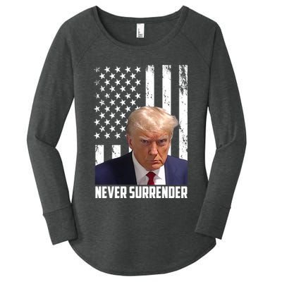 Never Surrender Donald Trump American Flag Mugshot Women's Perfect Tri Tunic Long Sleeve Shirt