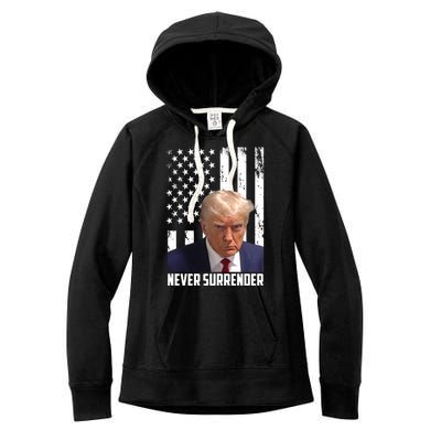 Never Surrender Donald Trump American Flag Mugshot Women's Fleece Hoodie