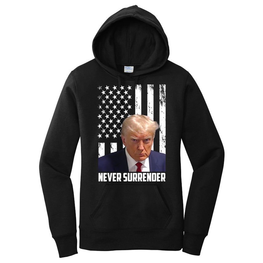 Never Surrender Donald Trump American Flag Mugshot Women's Pullover Hoodie