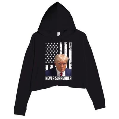 Never Surrender Donald Trump American Flag Mugshot Crop Fleece Hoodie