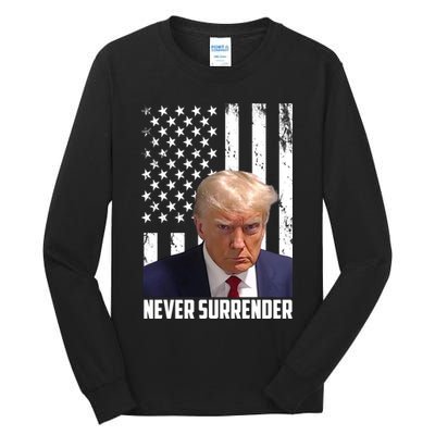 Never Surrender Donald Trump American Flag Mugshot Tall Long Sleeve T-Shirt