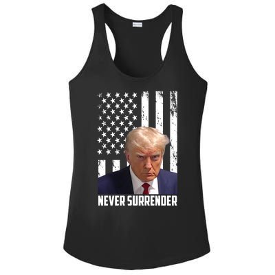 Never Surrender Donald Trump American Flag Mugshot Ladies PosiCharge Competitor Racerback Tank