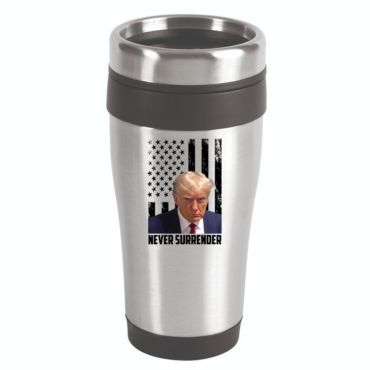 Never Surrender Donald Trump American Flag Mugshot 16oz Travel Tumbler