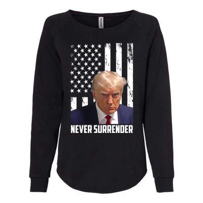 Never Surrender Donald Trump American Flag Mugshot Womens California Wash Sweatshirt