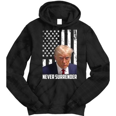 Never Surrender Donald Trump American Flag Mugshot Tie Dye Hoodie