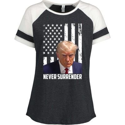 Never Surrender Donald Trump American Flag Mugshot Enza Ladies Jersey Colorblock Tee