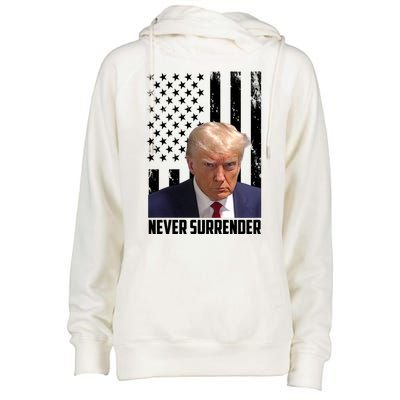 Never Surrender Donald Trump American Flag Mugshot Womens Funnel Neck Pullover Hood