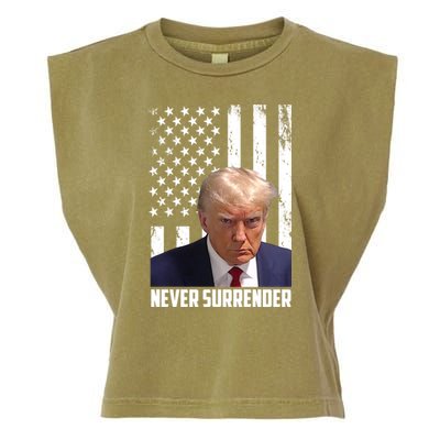 Never Surrender Donald Trump American Flag Mugshot Garment-Dyed Women's Muscle Tee