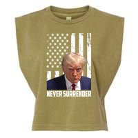 Never Surrender Donald Trump American Flag Mugshot Garment-Dyed Women's Muscle Tee