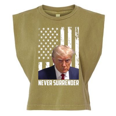 Never Surrender Donald Trump American Flag Mugshot Garment-Dyed Women's Muscle Tee