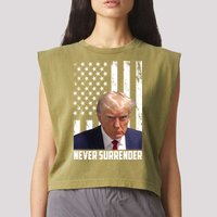 Never Surrender Donald Trump American Flag Mugshot Garment-Dyed Women's Muscle Tee