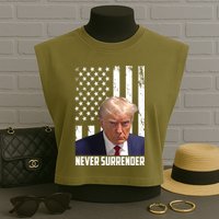 Never Surrender Donald Trump American Flag Mugshot Garment-Dyed Women's Muscle Tee