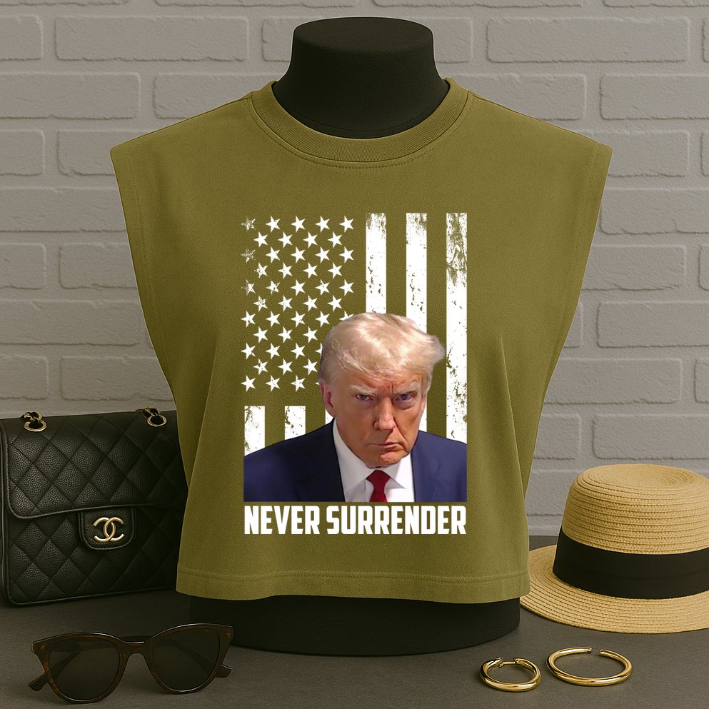 Never Surrender Donald Trump American Flag Mugshot Garment-Dyed Women's Muscle Tee