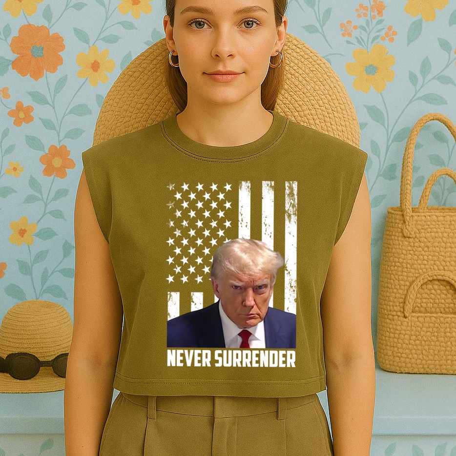 Never Surrender Donald Trump American Flag Mugshot Garment-Dyed Women's Muscle Tee