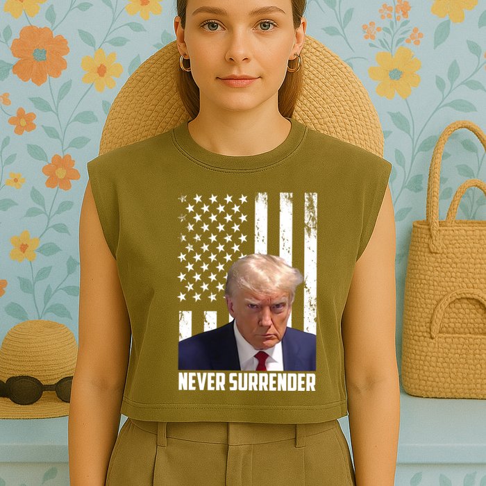 Never Surrender Donald Trump American Flag Mugshot Garment-Dyed Women's Muscle Tee