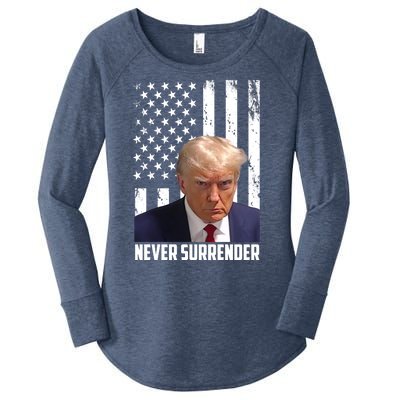 Never Surrender Donald Trump American Flag Mugshot Women's Perfect Tri Tunic Long Sleeve Shirt